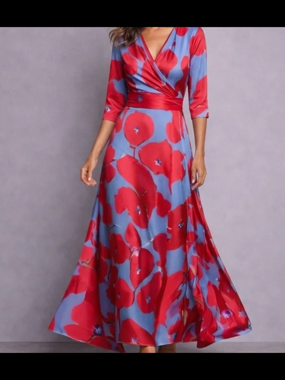 Elegant mid sleeves maxi dress, flowing silhouette with floral accent wrap front